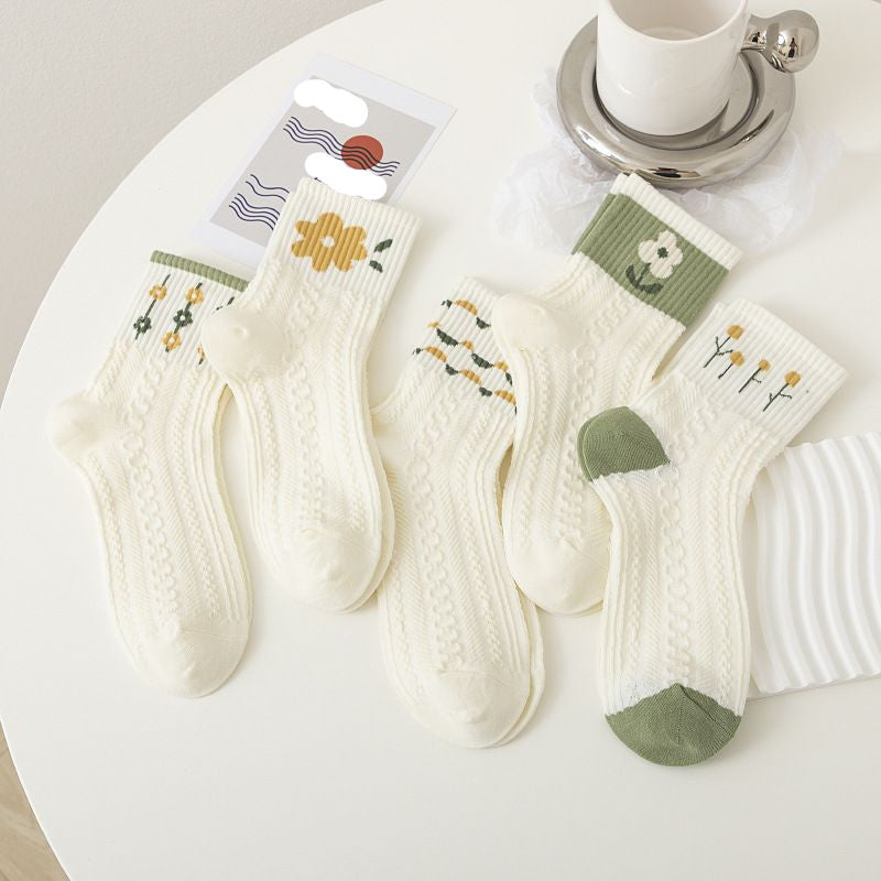 [littlecrab] Kaos Kaki Knit Hijau Bunga Daun Base Putih Cream Import Sock High Quality Cute Soft Green Korean Style