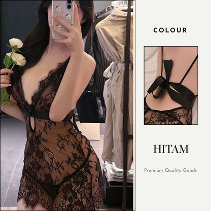 Pekanbaru Dv-166 Lingerie Dress Sweet Lace Transparan Halter V-Neck Baju Tidur Wanita Longnight