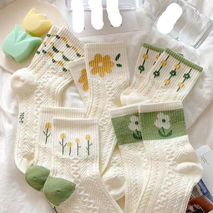 [littlecrab] Kaos Kaki Knit Hijau Bunga Daun Base Putih Cream Import Sock High Quality Cute Soft Green Korean Style