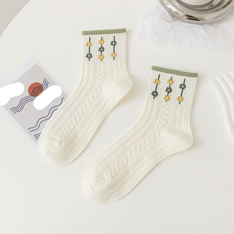 [littlecrab] Kaos Kaki Knit Hijau Bunga Daun Base Putih Cream Import Sock High Quality Cute Soft Green Korean Style