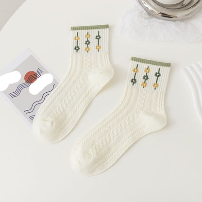 [littlecrab] Kaos Kaki Knit Hijau Bunga Daun Base Putih Cream Import Sock High Quality Cute Soft Green Korean Style
