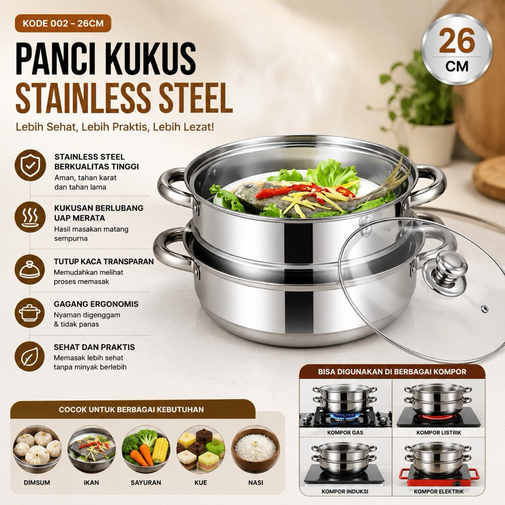 Panci steamer 2 susun tutup full kaca Multifunction cookware