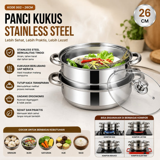Pekanbaru Panci steamer 2 susun tutup full kaca Multifunction cookware