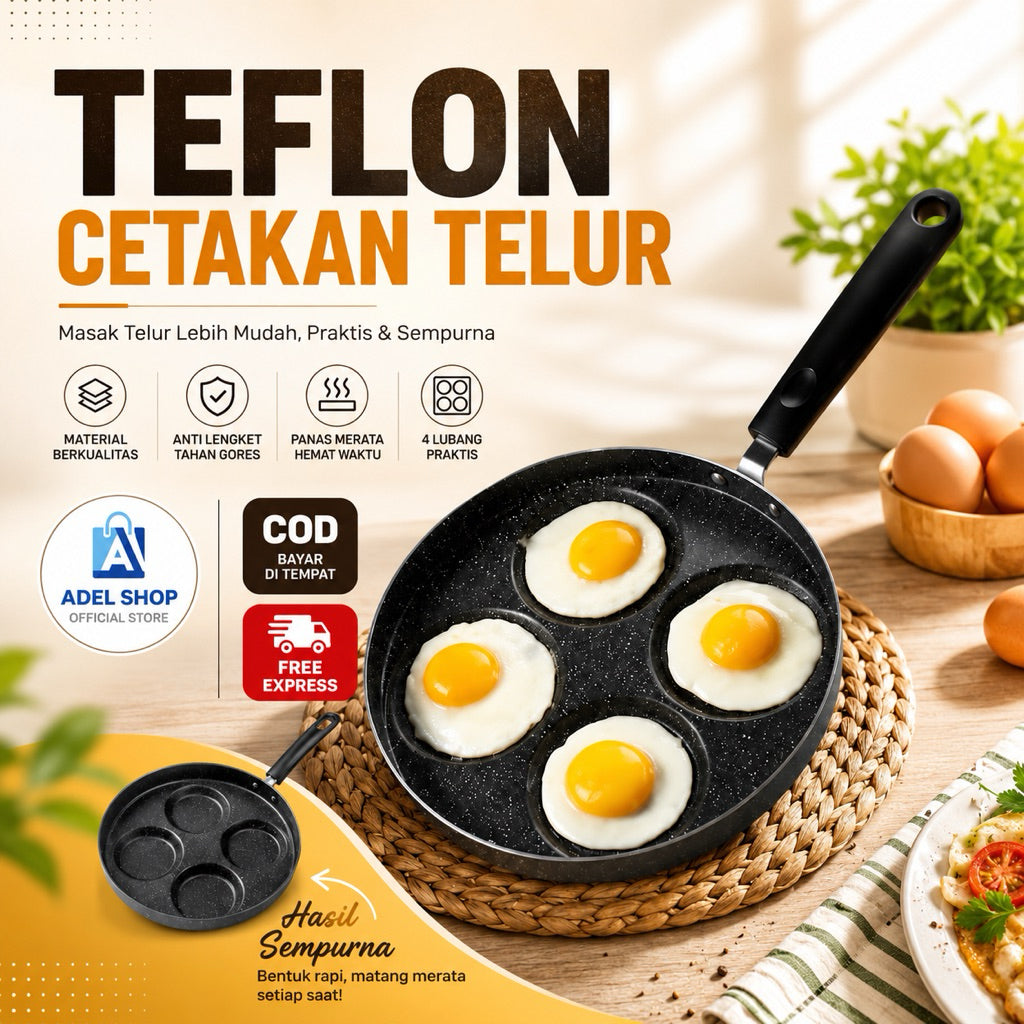 CETAKAN TELUR TEFLON ANTI LENGKET/CETAKAN 4 LUBANG/PANCI WAJAN PENGGORENGAN TELUR VD