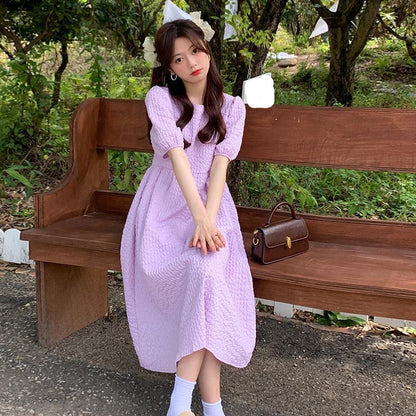 [littlecrab] Dress Bubble Panjang Tali Punggung Motif Polos Hitam Putih Lilac Simple Elegan Dress Panjang Lengan Pendek Kasual Berkualitas Simple