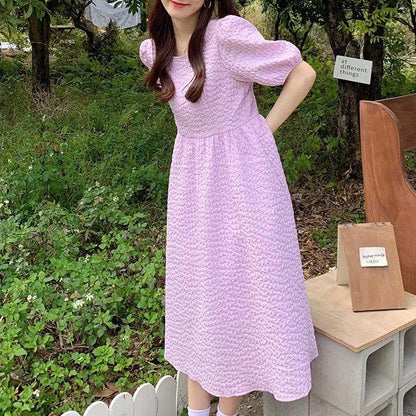 [littlecrab] Dress Bubble Panjang Tali Punggung Motif Polos Hitam Putih Lilac Simple Elegan Dress Panjang Lengan Pendek Kasual Berkualitas Simple