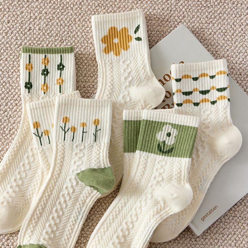 [littlecrab] Kaos Kaki Knit Hijau Bunga Daun Base Putih Cream Import Sock High Quality Cute Soft Green Korean Style