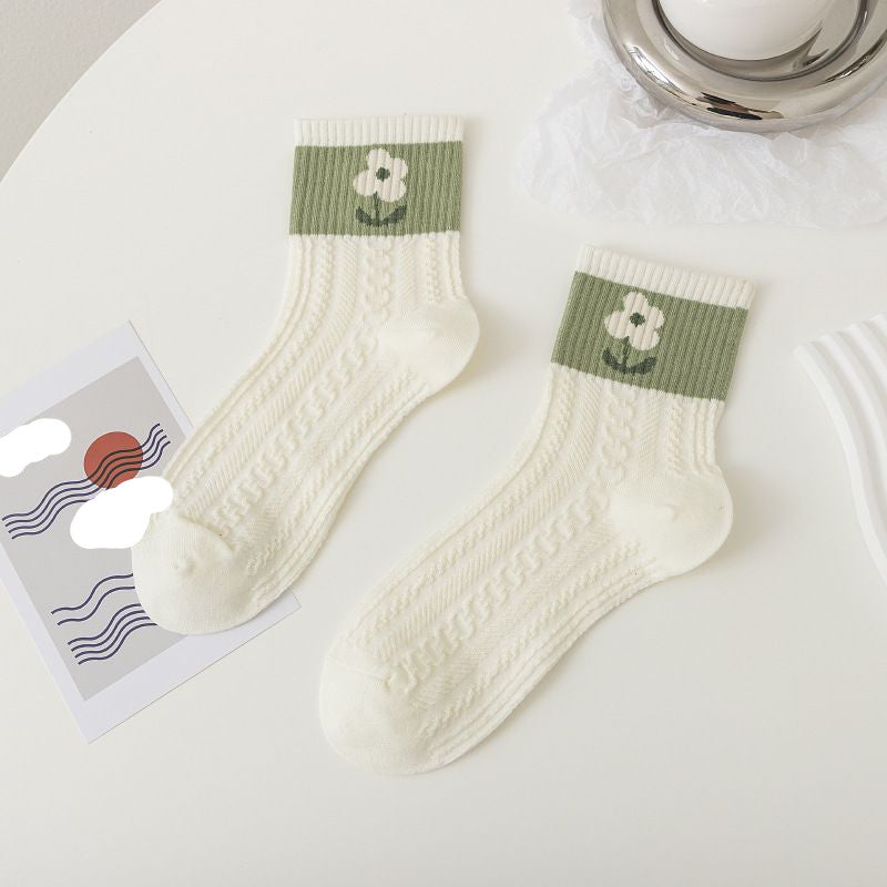 [littlecrab] Kaos Kaki Knit Hijau Bunga Daun Base Putih Cream Import Sock High Quality Cute Soft Green Korean Style