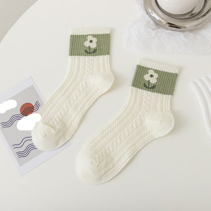 [littlecrab] Kaos Kaki Knit Hijau Bunga Daun Base Putih Cream Import Sock High Quality Cute Soft Green Korean Style