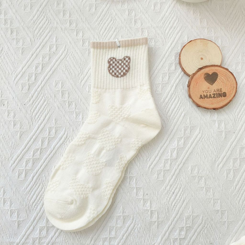 [littlecrab] Kaos Kaki Brown Coklat Motif Beruang Love Smile Bear Chocolate Base Putih Import Sock High Quality Knit Rajut Style Korean Style