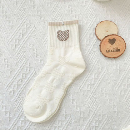 [littlecrab] Kaos Kaki Brown Coklat Motif Beruang Love Smile Bear Chocolate Base Putih Import Sock High Quality Knit Rajut Style Korean Style