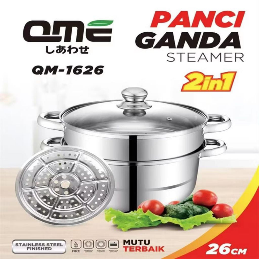 Panci Ganda Kukus Rebus 2 Susun 26cm Stainless Stell Anti Karat Bisa Kukus dan Rebus( Panci Ganda)