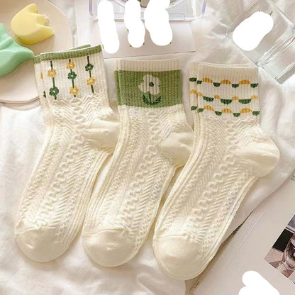 [littlecrab] Kaos Kaki Knit Hijau Bunga Daun Base Putih Cream Import Sock High Quality Cute Soft Green Korean Style