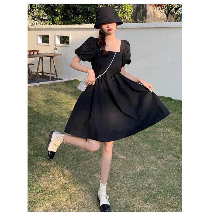 [littlecrab] Dress Square Neck Lengan Balon Simple Polos Orange Hitam Dress Bahan Berkualitas Lembut Elegan Dress Pendek Korean Style Simply Aesthetic