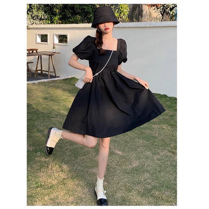 [littlecrab] Dress Square Neck Lengan Balon Simple Polos Orange Hitam Dress Bahan Berkualitas Lembut Elegan Dress Pendek Korean Style Simply Aesthetic