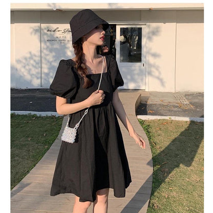 [littlecrab] Dress Square Neck Lengan Balon Simple Polos Orange Hitam Dress Bahan Berkualitas Lembut Elegan Dress Pendek Korean Style Simply Aesthetic