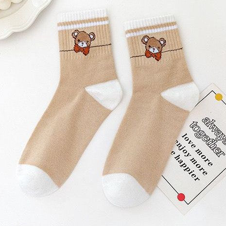 [littlecrab] Kaos Kaki Panjang Teddy Bear Brown Chocolate White Import Sock Beruang Square Coklat Putih High Quality Korean Style