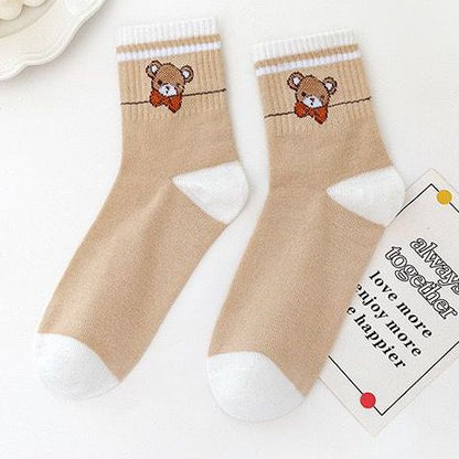 [littlecrab] Kaos Kaki Panjang Teddy Bear Brown Chocolate White Import Sock Beruang Square Coklat Putih High Quality Korean Style