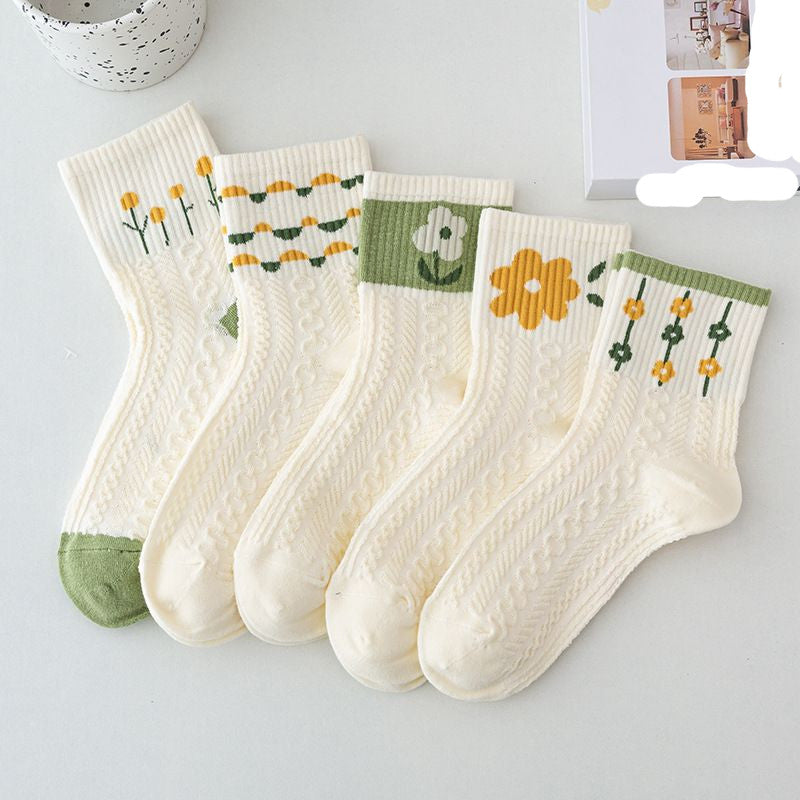 [littlecrab] Kaos Kaki Knit Hijau Bunga Daun Base Putih Cream Import Sock High Quality Cute Soft Green Korean Style