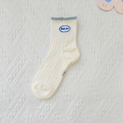 [littlecrab] Kaos Kaki Rajut Biru Base Putih Cream White Knit Blue Love Bear Sun Import Sock High Quality Korean Style