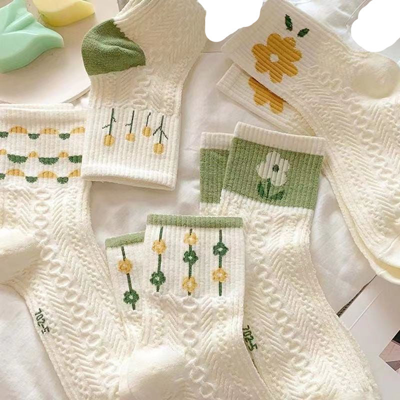 [littlecrab] Kaos Kaki Knit Hijau Bunga Daun Base Putih Cream Import Sock High Quality Cute Soft Green Korean Style