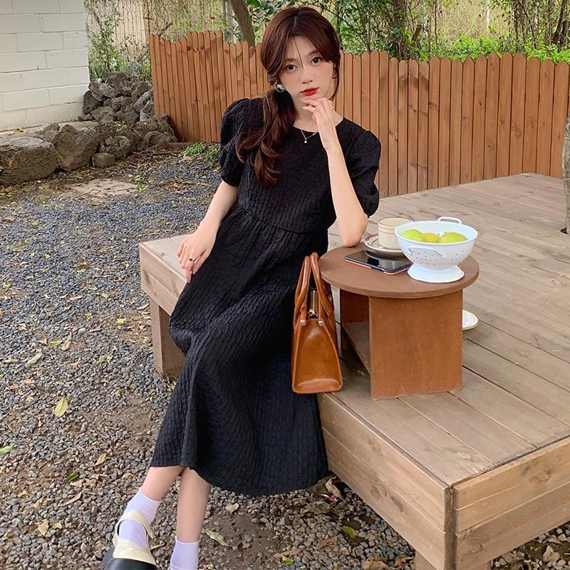 [littlecrab] Dress Bubble Panjang Tali Punggung Motif Polos Hitam Putih Lilac Simple Elegan Dress Panjang Lengan Pendek Kasual Berkualitas Simple