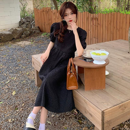 [littlecrab] Dress Bubble Panjang Tali Punggung Motif Polos Hitam Putih Lilac Simple Elegan Dress Panjang Lengan Pendek Kasual Berkualitas Simple