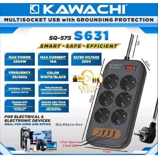 Pekanbaru Stop Kontak Kabel Kawachi Sq-575 S631 6Lubang Usb Dan Type C / Colokan Kabel