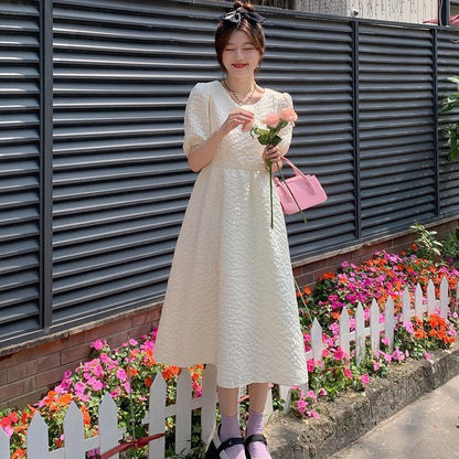 [littlecrab] Dress Bubble Panjang Tali Punggung Motif Polos Hitam Putih Lilac Simple Elegan Dress Panjang Lengan Pendek Kasual Berkualitas Simple