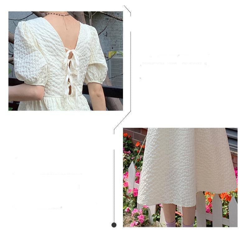 [littlecrab] Dress Bubble Panjang Tali Punggung Motif Polos Hitam Putih Lilac Simple Elegan Dress Panjang Lengan Pendek Kasual Berkualitas Simple