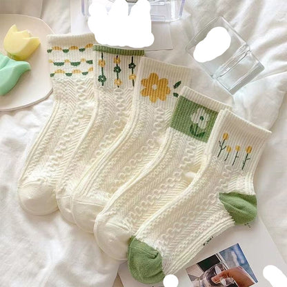 [littlecrab] Kaos Kaki Knit Hijau Bunga Daun Base Putih Cream Import Sock High Quality Cute Soft Green Korean Style