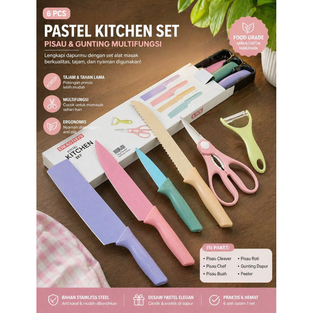 Pisau Set keramik warna Stainless Steel Knife Set 6 in 1 Pisau Anti Lengket Anti Karat tanpa talenan