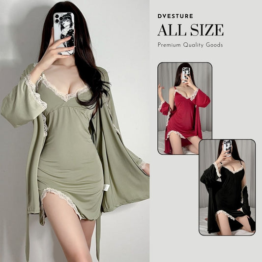 Pekanbaru Lingerie Set Kimono Dress D-151 All Size Baju Tidur Wanita Dress 4In1 Elegan Spandex