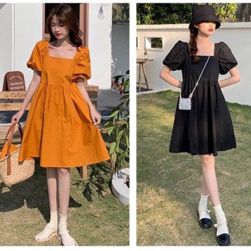 [littlecrab] Dress Square Neck Lengan Balon Simple Polos Orange Hitam Dress Bahan Berkualitas Lembut Elegan Dress Pendek Korean Style Simply Aesthetic