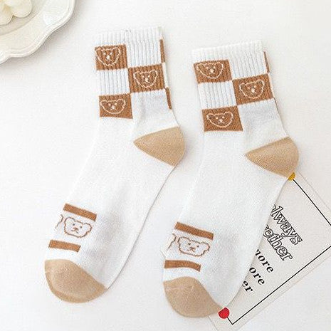 [littlecrab] Kaos Kaki Panjang Teddy Bear Brown Chocolate White Import Sock Beruang Square Coklat Putih High Quality Korean Style
