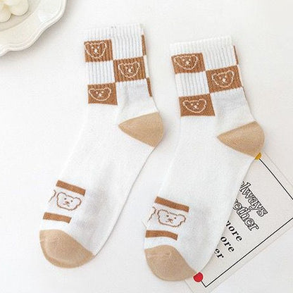 [littlecrab] Kaos Kaki Panjang Teddy Bear Brown Chocolate White Import Sock Beruang Square Coklat Putih High Quality Korean Style