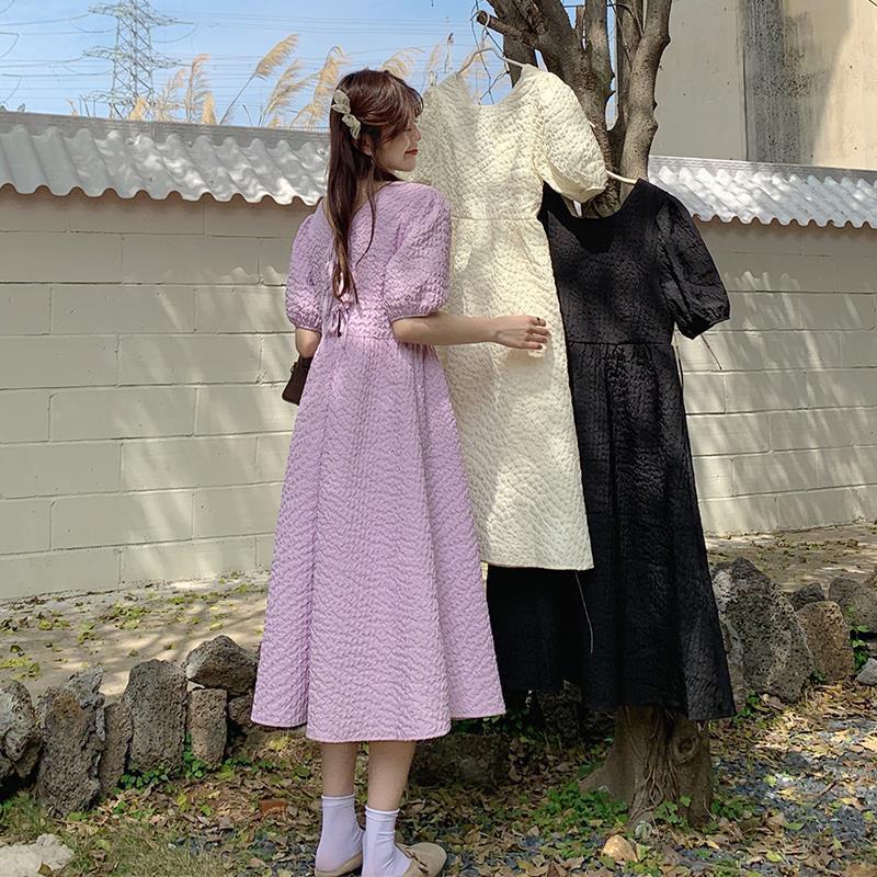 [littlecrab] Dress Bubble Panjang Tali Punggung Motif Polos Hitam Putih Lilac Simple Elegan Dress Panjang Lengan Pendek Kasual Berkualitas Simple