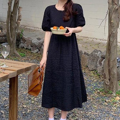 [littlecrab] Dress Bubble Panjang Tali Punggung Motif Polos Hitam Putih Lilac Simple Elegan Dress Panjang Lengan Pendek Kasual Berkualitas Simple