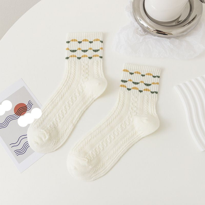 [littlecrab] Kaos Kaki Knit Hijau Bunga Daun Base Putih Cream Import Sock High Quality Cute Soft Green Korean Style