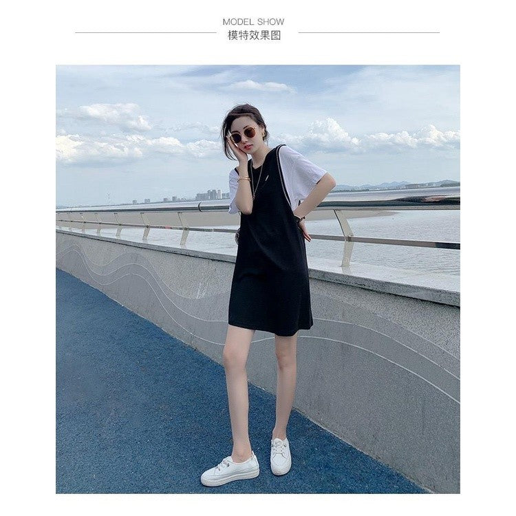 [littlecrab] Dress Fake Two Shirt Rompi Hitam Putih Polos T-shirt Oversize Panjang Simple Berkualitas Korean Style