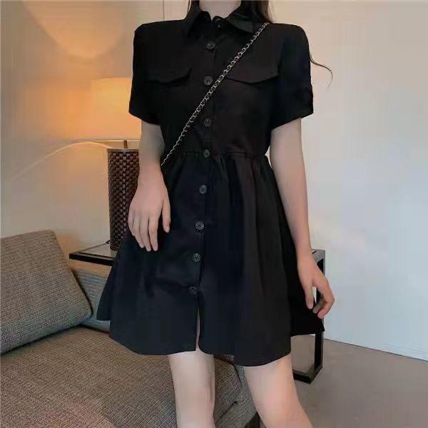 [littlecrab] Dress Full Kancing Berkerah Simple Elegan Dress Polos Saku Kiri Kanan Berkualitas Korean Style Short Dress Model Simply Dress Lengan Pendek Unik Nyaman
