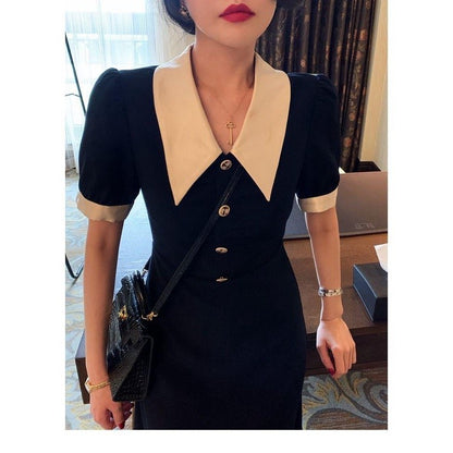 [littlecrab] Dress Panjang Lengan Pendek Berkerah Kancing Kayu X Biru Dongker Hitam Two Tone Long Dress Kerja Acara Simple Elegan Berkualitas Simply Korean Style