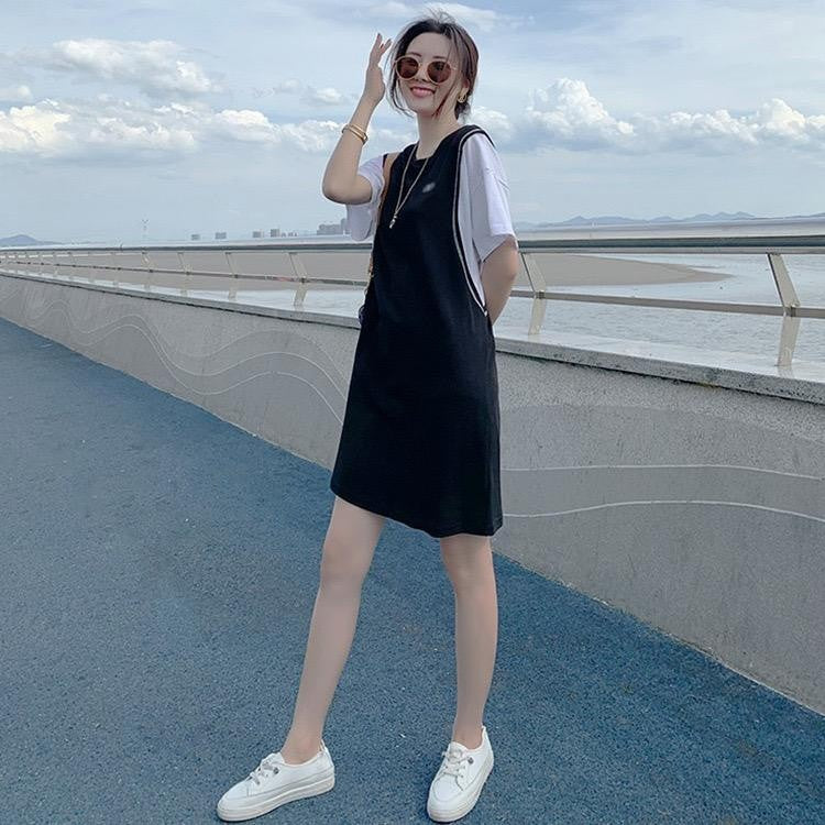 [littlecrab] Dress Fake Two Shirt Rompi Hitam Putih Polos T-shirt Oversize Panjang Simple Berkualitas Korean Style