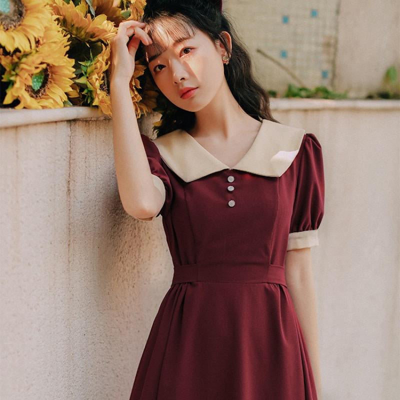 Dress Collar With Pearl Gaun Wanita Panjang Lengan Pendek Two Tone Color Maroon Hitam Simple Berkualitas Dress Berkerah Kasual Simply Korean Style