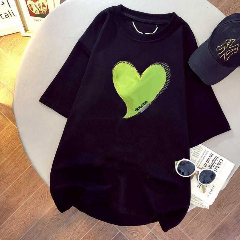 [littlecrab] Kaos Oversize Doccmo Love Hijau Neon Jahit Love Polos T-shirt Couple Unisex Lembut Berkualitas Motif Hati Besar Green Unik Simple Korean Style