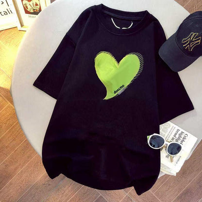 [littlecrab] Kaos Oversize Doccmo Love Hijau Neon Jahit Love Polos T-shirt Couple Unisex Lembut Berkualitas Motif Hati Besar Green Unik Simple Korean Style