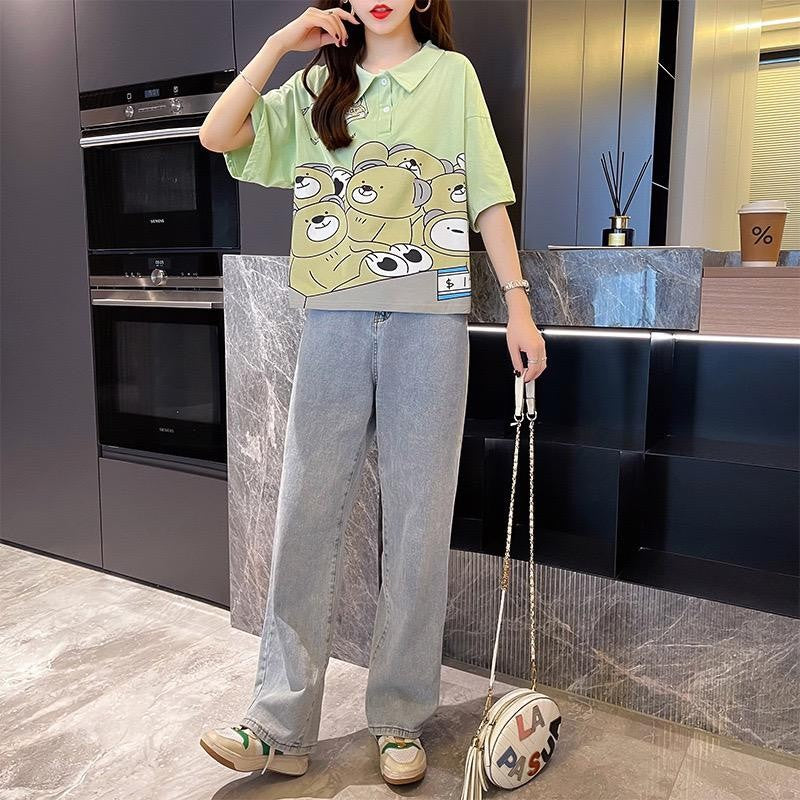 [littlecrab] Kaos Oversize Crop Berkerah Big Bear Hijau Putih Many Bears in Cashier Simple Unik T-shirt Polo Banyak Beruang Berkualitas Your Super Power Baju Kerja Kuliah Jalan Korean Style