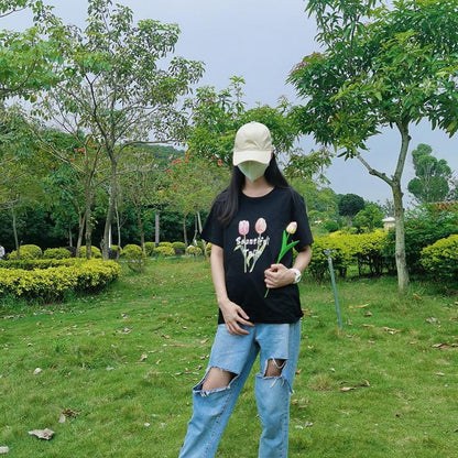 [littlecrab] Kaos Sablon Bunga Polos Beautiful Tulip Hitam Putih Pink Tulip Flower Berkualitas T-shirt Couple Unisex Korean Style