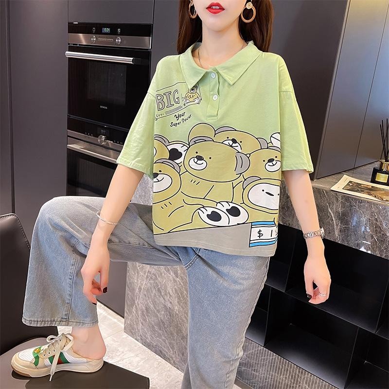 [littlecrab] Kaos Oversize Crop Berkerah Big Bear Hijau Putih Many Bears in Cashier Simple Unik T-shirt Polo Banyak Beruang Berkualitas Your Super Power Baju Kerja Kuliah Jalan Korean Style