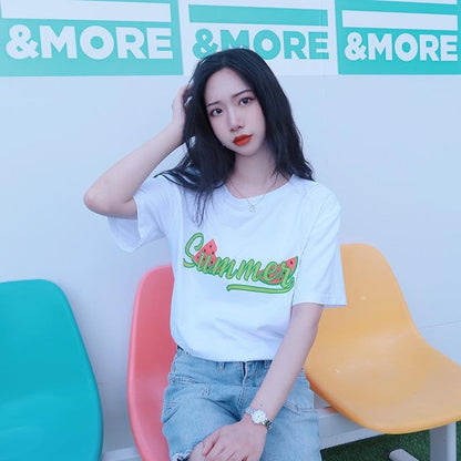 [littlecrab] Kaos Oversize Watermelon Summer T-shirt Warna Terang Semangka Hijau Merah Calligraphy Baju Couple Unisex Segar Hitam Putih Simple Berkualitas Korean Style
